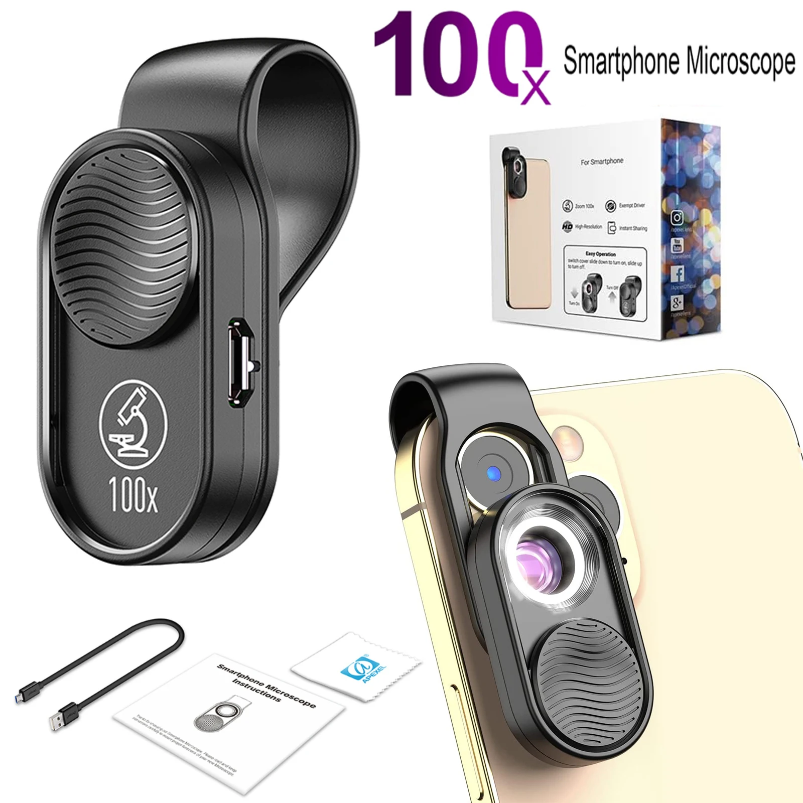 100X مجهر الهاتف المحمول ، HD عدسة بصرية مجهر رقمي مع ضوء LED ومشبك الهاتف الذكي ، Microworld للأطفال والكبار #1