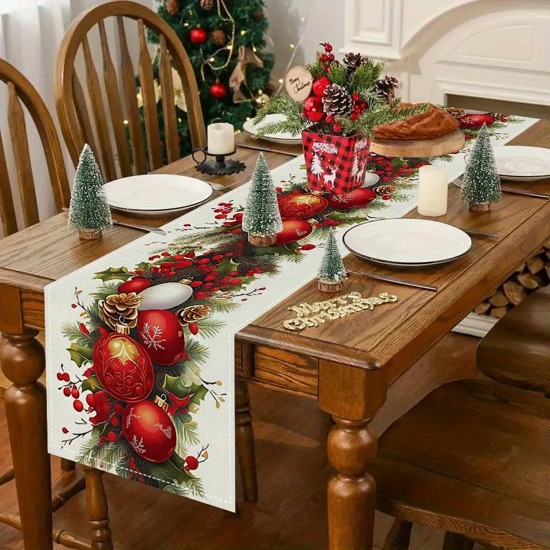 Christmas Ball Pine Needle Table Runner for Table Decor Winter Xmas Snowflakes Kitchen Dining Table Runners Christmas Decoration