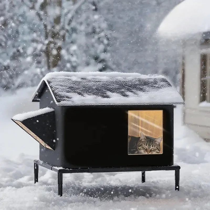 Outdoor Heated Cat House with Aluminum Foil Fully Enclosed & Waterproof Winter Cat Shelter, Insulated Kitty House for Stray Cats