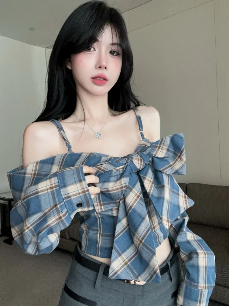 

Retro Hong Kong Style Checkered Shoulder Bared Long Sleeve Women's Design Sense Tie Cardigan Shirt Sexy Spicy Short Length Shirt