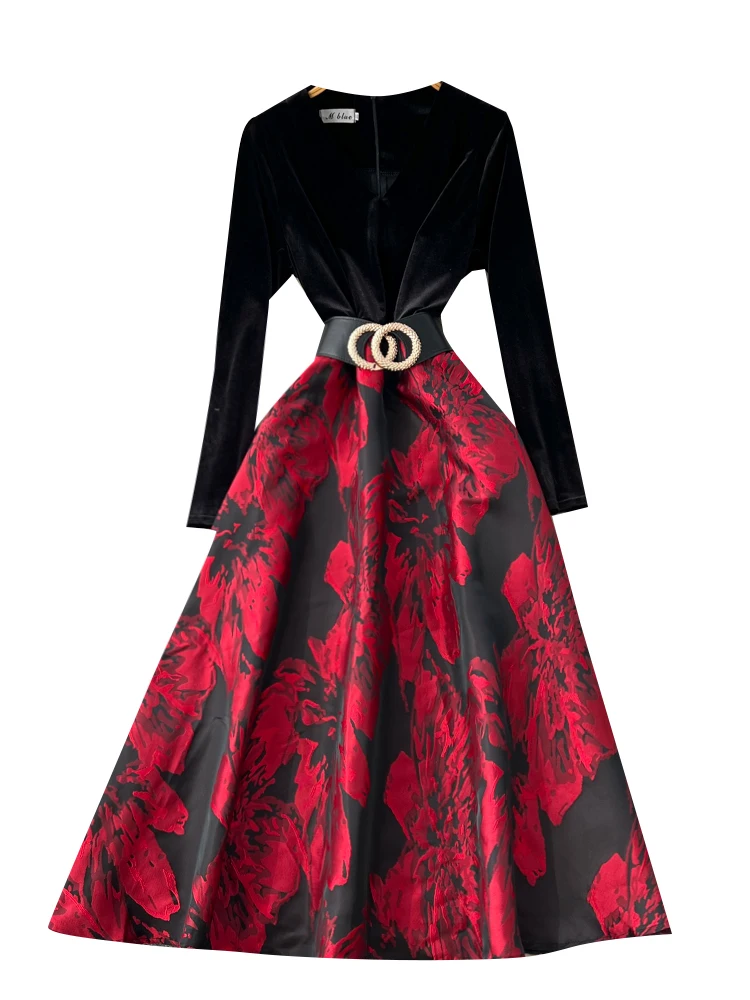   تنورة مخملية طويلة ذات خصر متوهج مع تنورة دكتور للخريف والشتاء بخصر عالٍ على شكل حرف a صورة ظلية Ci Commute Dr