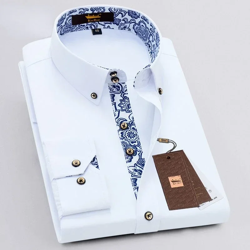 Fashion Korean Clothing Blue White Porcelain Collar Dress Shirt for Men, Classic Cotton Casual Business Men's Long Sleeve Shirt