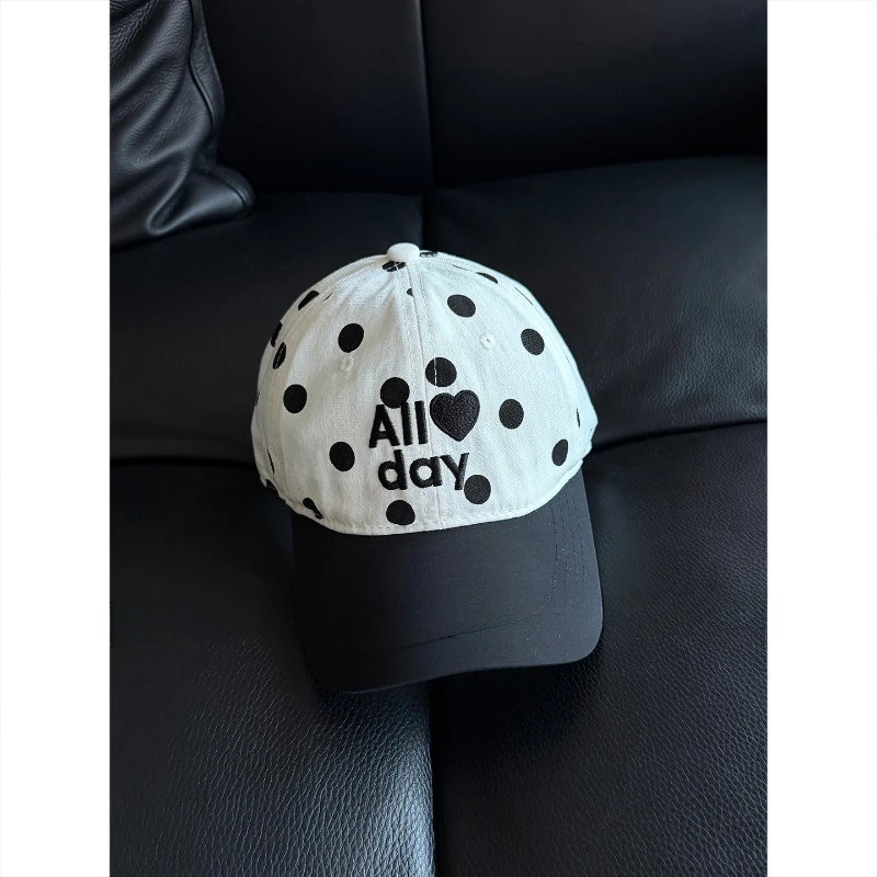 Women Baseball Cap Leopard Print Polka Dot Pattern Letter Embroidery Hat Cute Heart Patch Contrast Brim Adjustable Snapback Cap