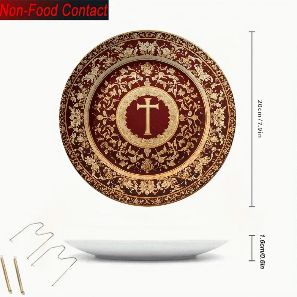 2D Flat - 1pc Elegant Golden & Red Ceramic Decorative Plate - Non-Food Contact Tabletop Ornaments for Christmas, Halloween,
