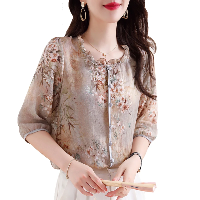 Spring Summer Women Blouse Korean Fashion Floral Printed Shirt Half Sleeve Casual Pullovers Tops