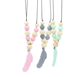 Silicone Teething Necklace Feather Teether Nursing Necklace Jewelry-Teether Chewing Baby Silicone Beads Teether Sensory Toy