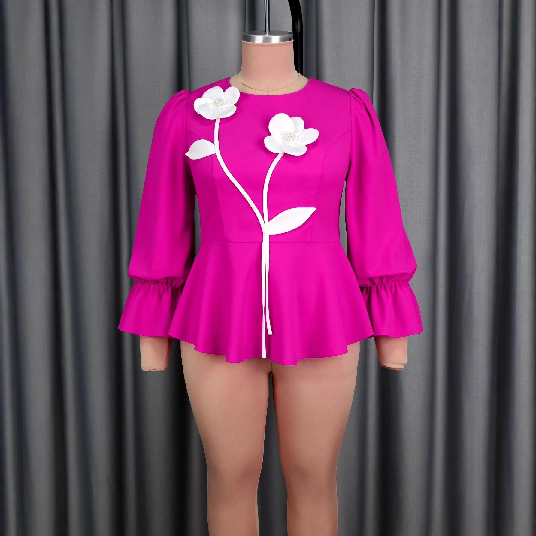 Plus Size Women's Clothing Rose Red Three-Dimensional Flower Decoration Flared Sleeves Ruffled Fashion Elegant Tops Dresses - view 5
