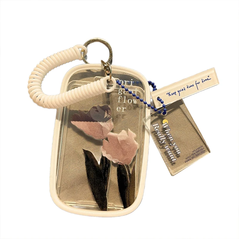 

Pretty Tulip Transparent Photo Card Holder Design Idol Photo Sleeve Anti Lost Keychain Photocards Protector Case Student Card