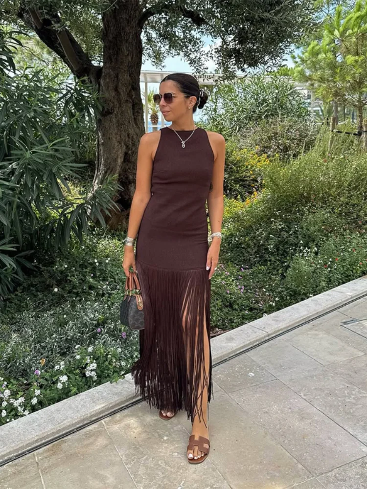 

Элегантное женское платье без рукавов с бахромой, шикарное, с открытыми плечами, с завышенной талией, облегающее, миди, для праздников и вечеринок, 2026