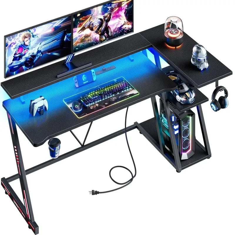 Black Carbon Fiber L Shaped Gaming Desk with LED Light Power Outlet Flip Top Storage Rack for Bedroom Home Office Setup
