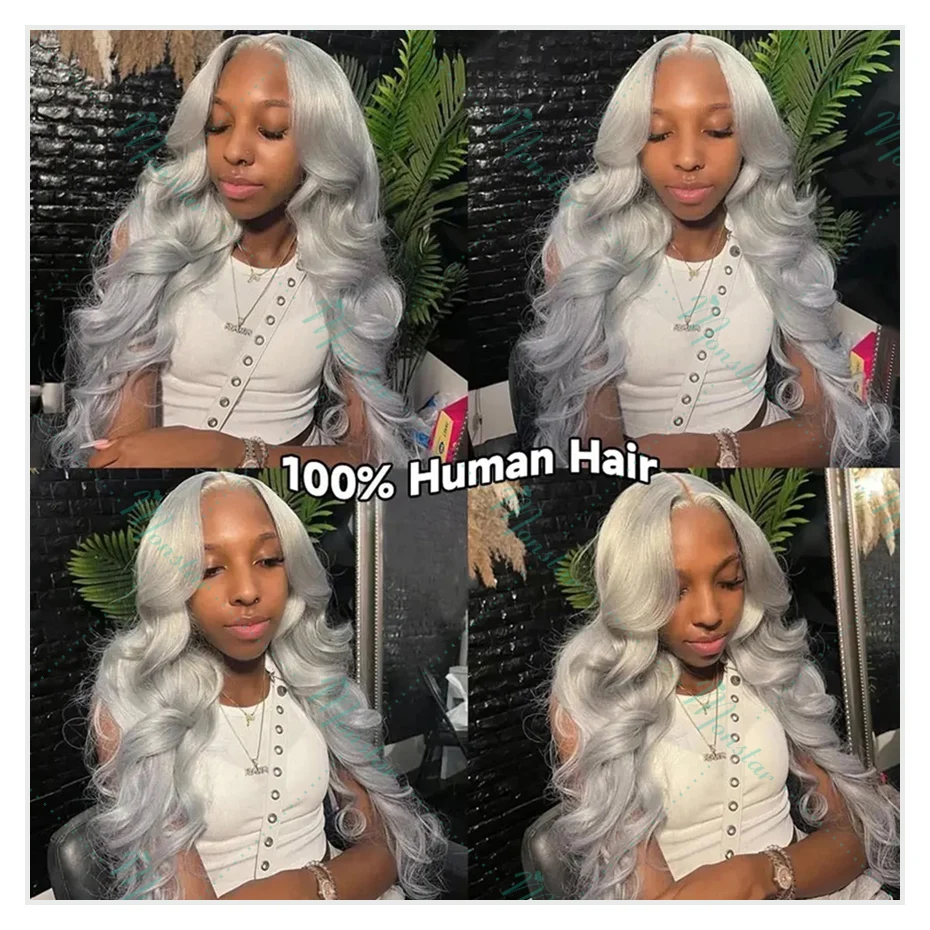 40 بوصة فضي رمادي اللون الجسم موجة الدانتيل الجبهة خصلات الشعر المستعار الإنسان 13x6 HD شفافة 613 الدانتيل الباروكات الأمامية للنساء قبل قطعها