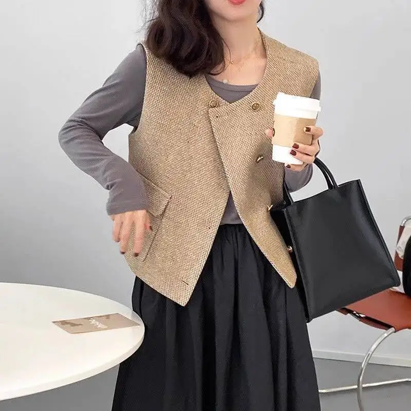 여성용 빈티지 숏 트위드 조끼, 모든 스타일에 어울리는 더블 브레스티드 민소매 탑, 가을 신상 스트릿웨어 웨스트코트