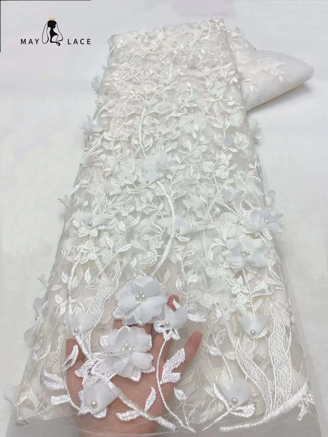 

White African 3D Lace Fabric 2024 High Quality French Mesh Lace Fabric With Beads Nigerian Sequins Lace Fabric For Wedding Dress