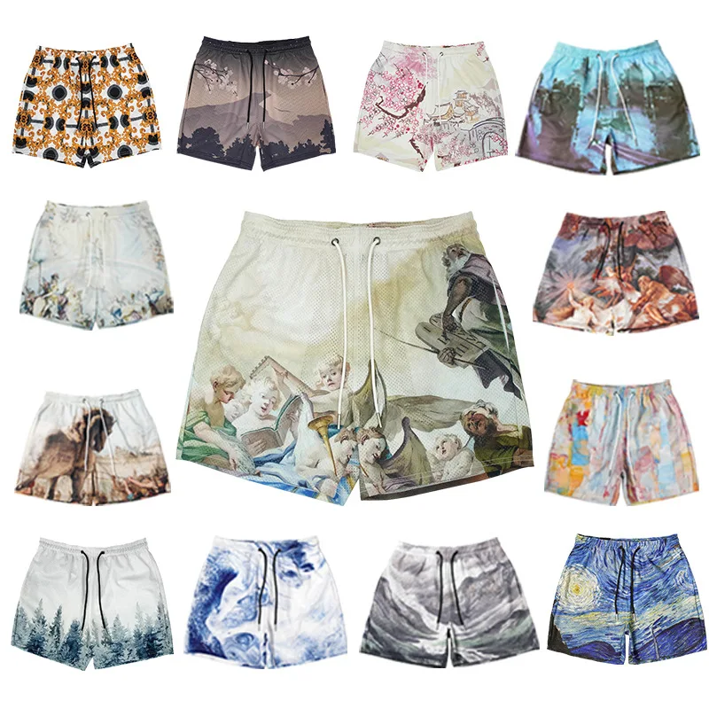 

2024Summer European and American New Sports Casual Shorts Men's Fitness Mesh Breathable and Loose Shorts Printed Print Pants