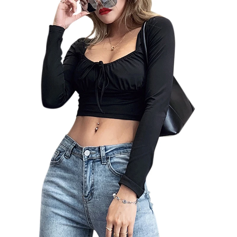 

Female Summer All-Match Slim Tie Long Sleeve Solid Indie Short Cropped T-shirt 2023 Women Fall Sexy Square Neck Black T-shirt