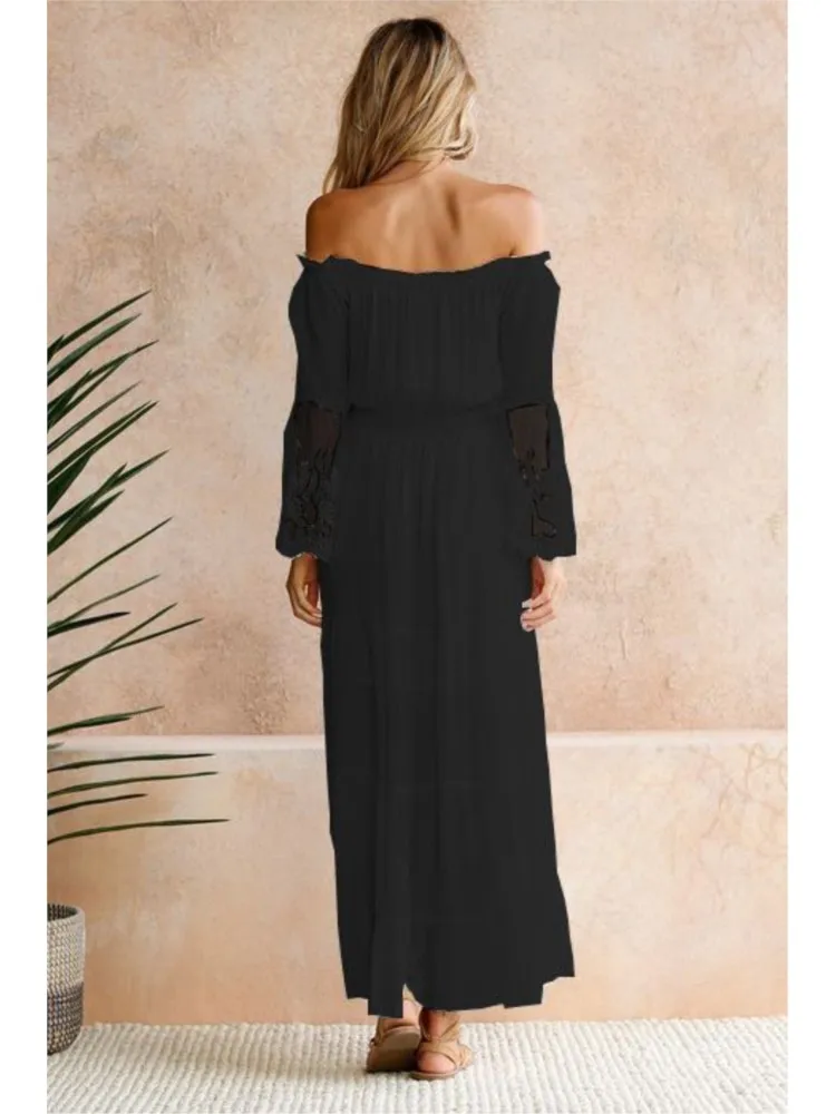 فستان صيفي أنيق بلون واحد للنساء فساتين بوهيمية مثيرة بدون حمالات للخريف من الدانتيل على طراز عطلة الشاطئ على شكل حرف a فساتين للسيدات #5