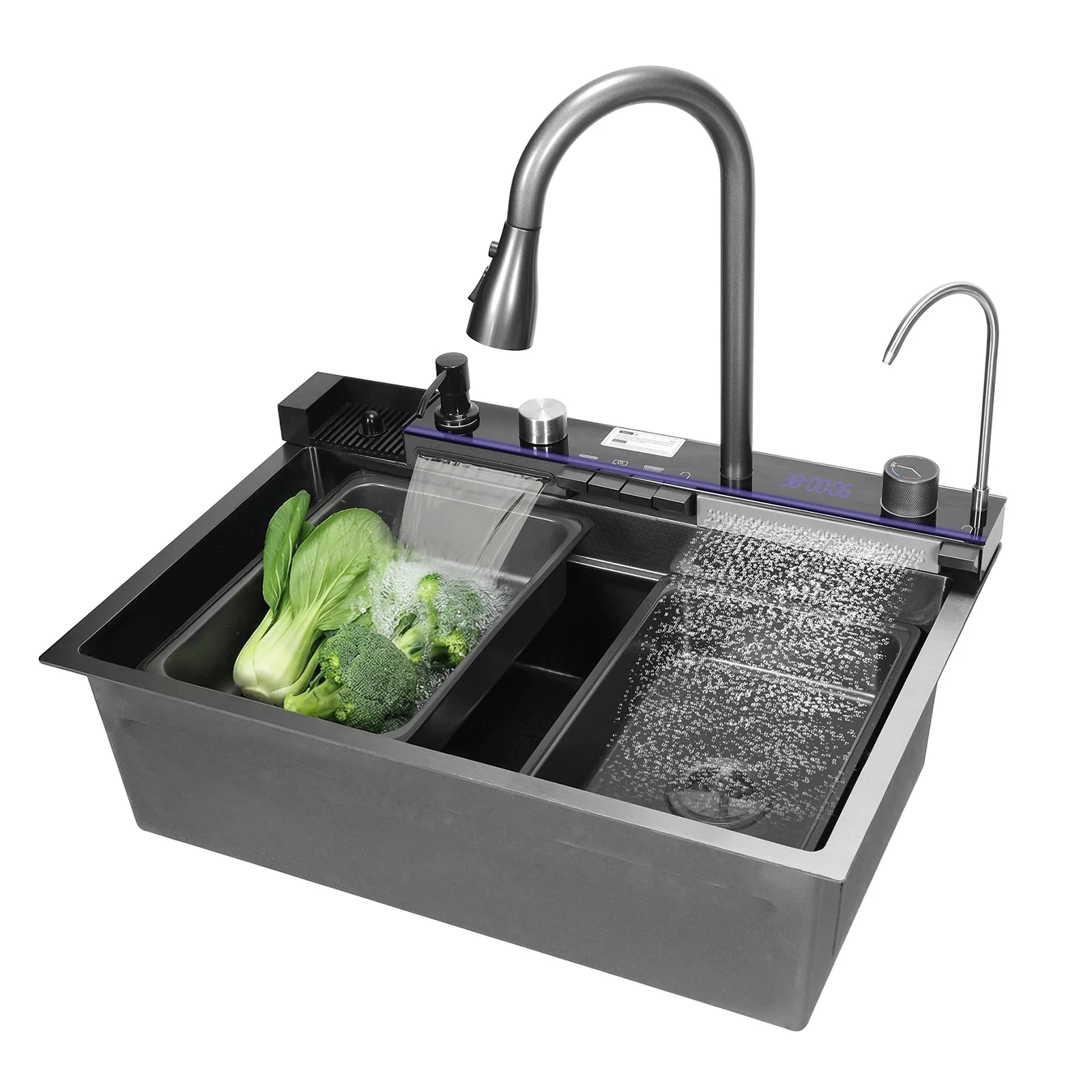 

Household Raindrop Waterfall Sinks Digital Display Integrated Basin Workstation with Pull-Out Swivel Faucet 5 Water Outlet Modes