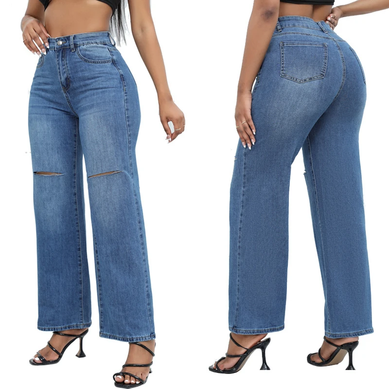 2026 New Women's Hole Jeans Long Wide-leg Jeans Solid Denim Pants Mid Waist Temperament Commuting Streetwear Female Trousers