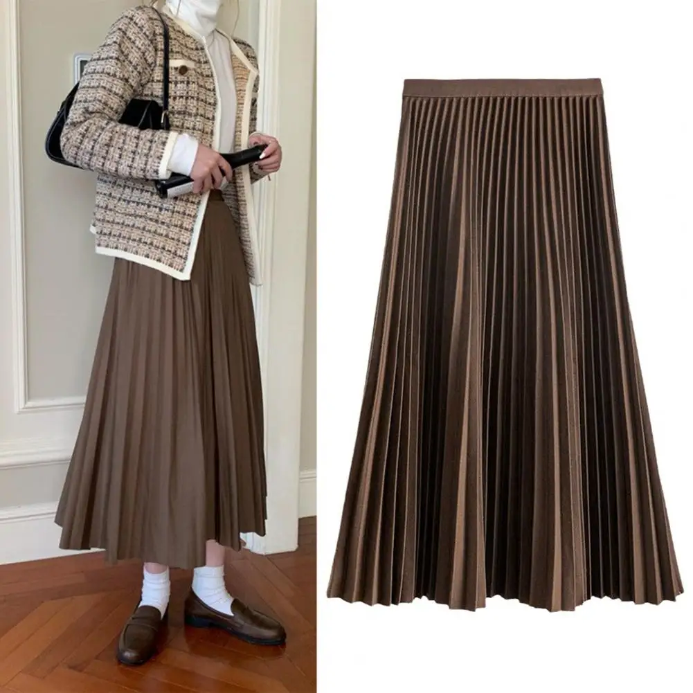 High Waist Pleated Skirt Elegant Women's Maxi Skirt with Elastic High Waist A-line Design Pleated Large Hem Solid Color for Work