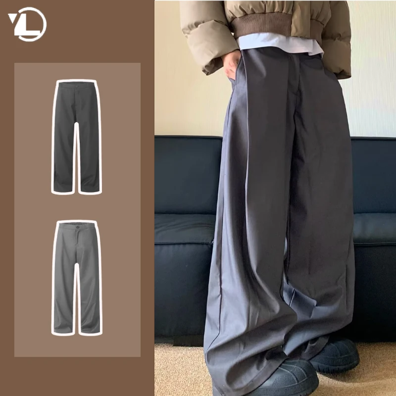 

Retro American Mens Suit Pants Simple Daily Commute Hanging Sensation Casual Trousers Wrinkle Design Straight Leg Gray Pants