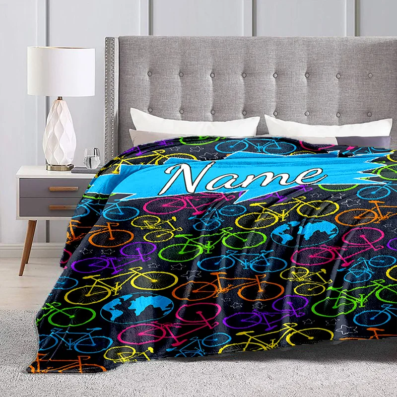 Custom name bicycle-themed flannel blanket, suitable for sofas, beds, birthdays, children, friends, gifts