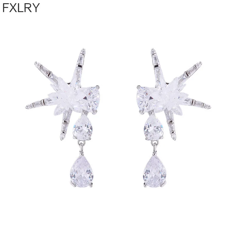 FXLRY Light Luxury Zircon Ball Five-pointed Star Water Drop Pendant Tassel S925 Silver Needle Earrings For Women