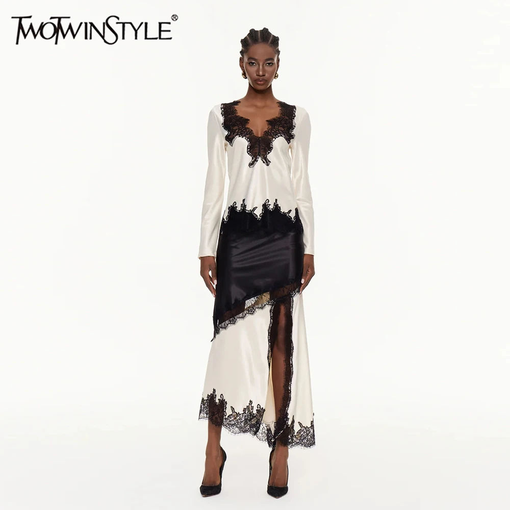 

TWOTWINSTYLE Хит-цвет Прозрачные кружевные комплекты из двух предметов для женщин с v-образным вырезом и длинными рукавами, топ с высокой талией, разделенная юбка, комплект женский, новый