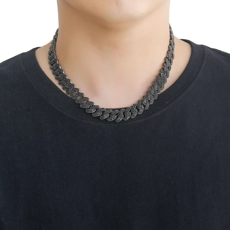 

20mm Black Cubic Zirconia Rhombus Cuban Chain Necklace, Stylish Personalized Hip-Hop Jewelry for Men & Women, Ideal Holiday Gift