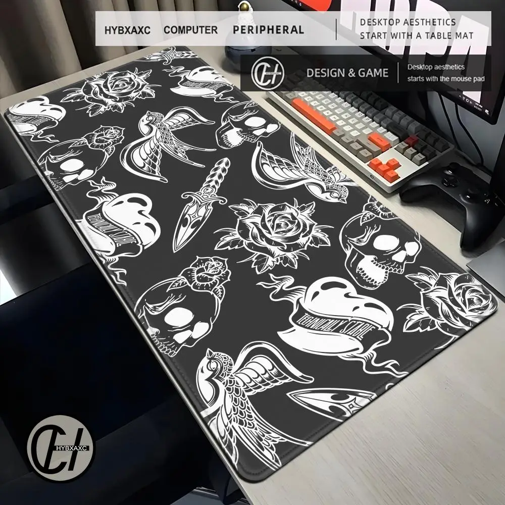 

Новый коврик для стола с HD-печатью: Красные розы и темный череп, большой нескользящий резиновый коврик 90x40, крутой коврик для мыши с изображением скелета, мрачный готический коврик для мыши