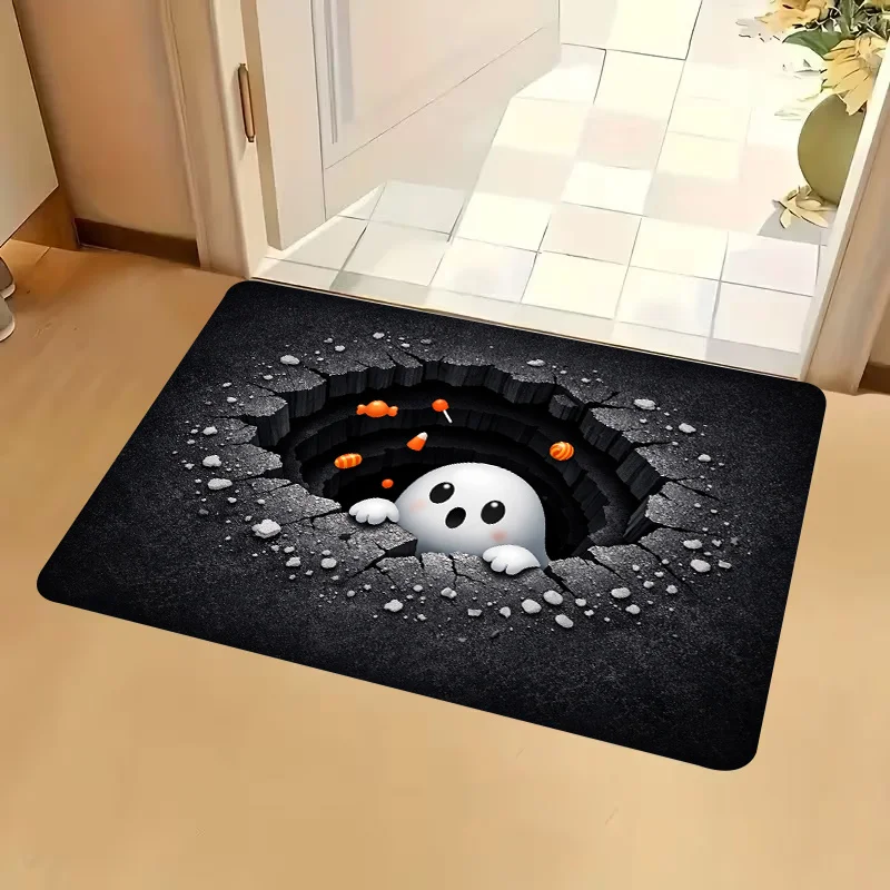 3D Cracked Hole Rectangle Door Mat Ghost Abyss Non-Slip Welcome Rug Black Carpet for Home Entrance Halloween Porch Decor