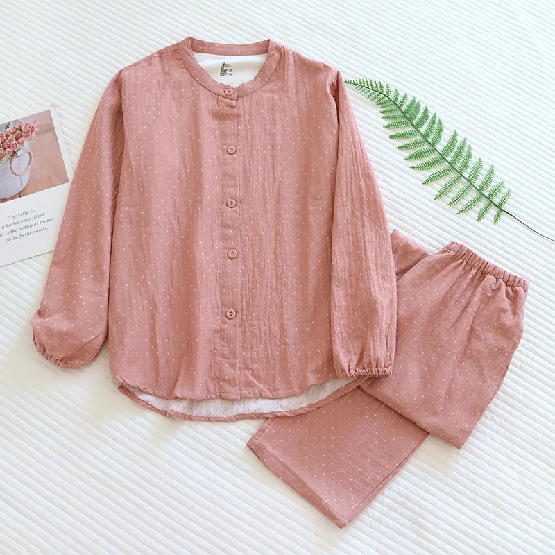 Spring Autumn Women Pure Cotton Gauze double-layer Cute Pajamas Set Sleepwear Female Long Sleeve Suit Loungewear