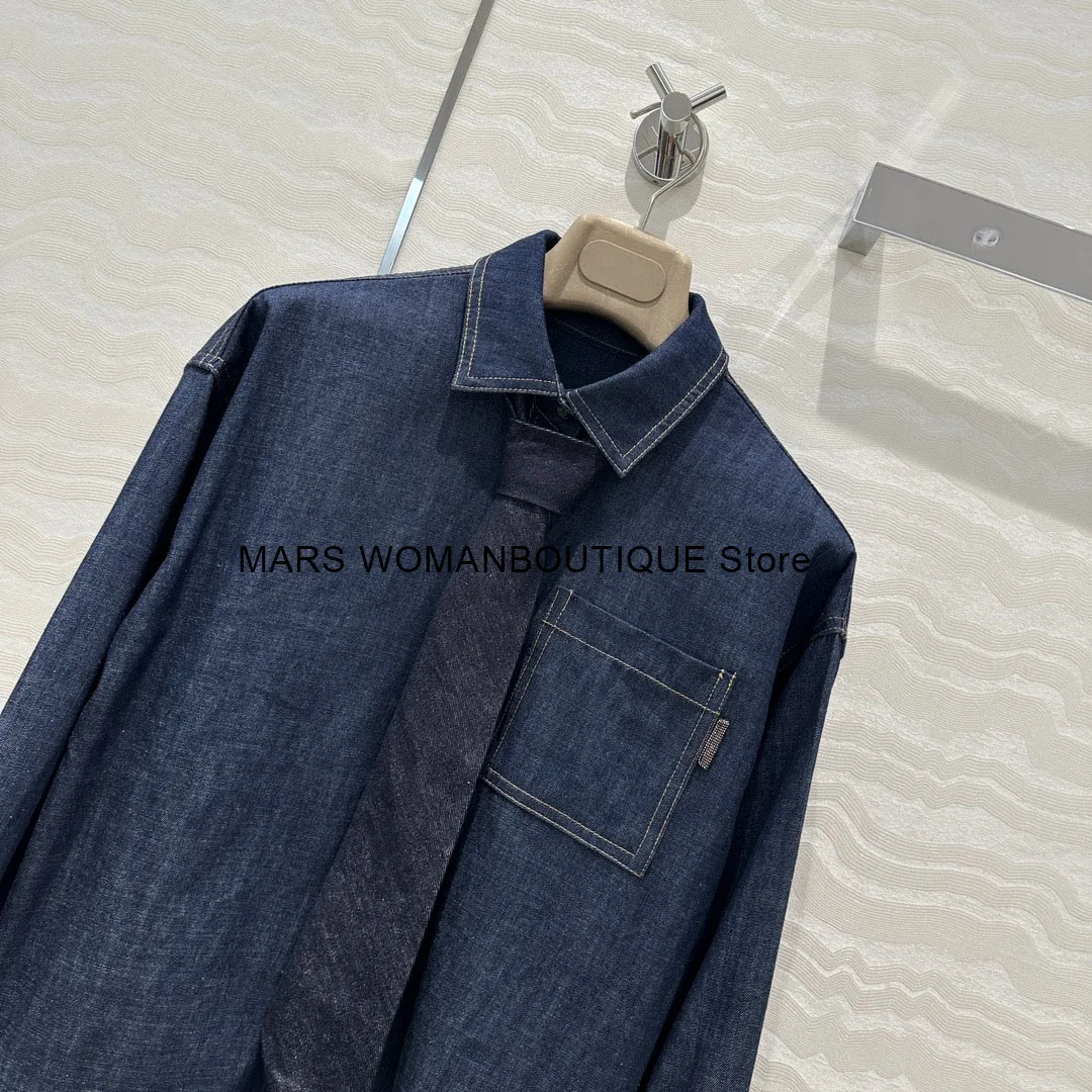 Autumn And Winter New Retro Style Casual Wear Oxford Cotton Washed Blue Denim Big Shirt Women