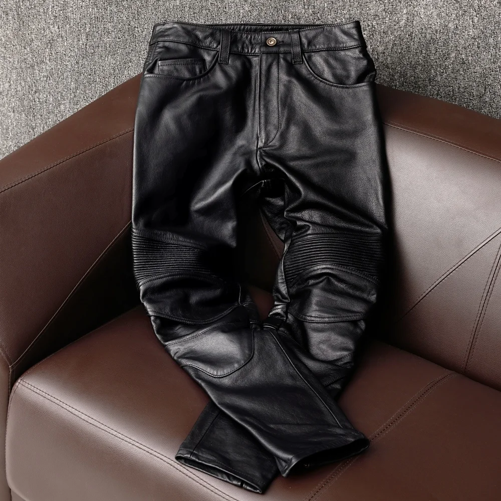 Winter New Men Quality Nature Leather Pants Hip Hop Retro Cowhide Slim Joggers Pencil Pants Male Motorcycle Biker Trousers