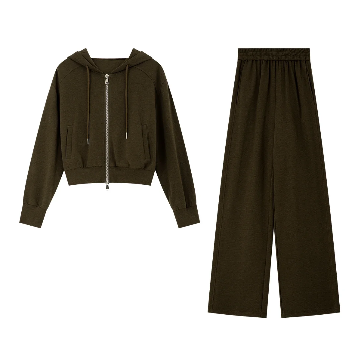 VIMLY Vrouwen Sportieve Broek Past Herfst 2025 Bruin Gebreide Capuchon Trekkoord Tops Wijde Pijpen Broek Casual Vrouwelijke 2-delige Sets M5262