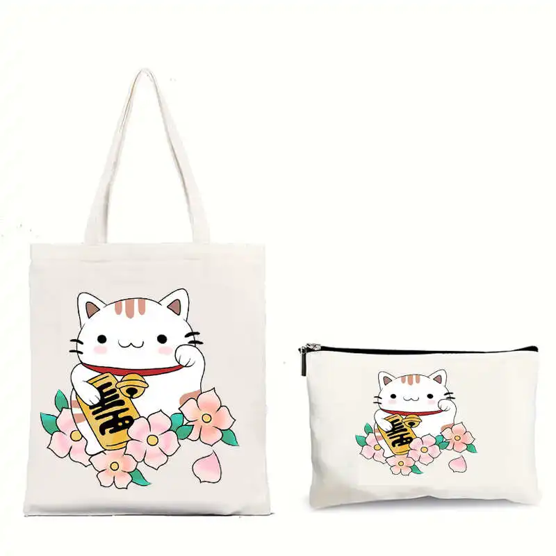 TOKYO JAPAN Maneki Neko Cute Japanese Lucky Cat Mount Fuji Janpan Style Kyoto Geisha Canvas Totes Bag Shopping Shoulder Handbags