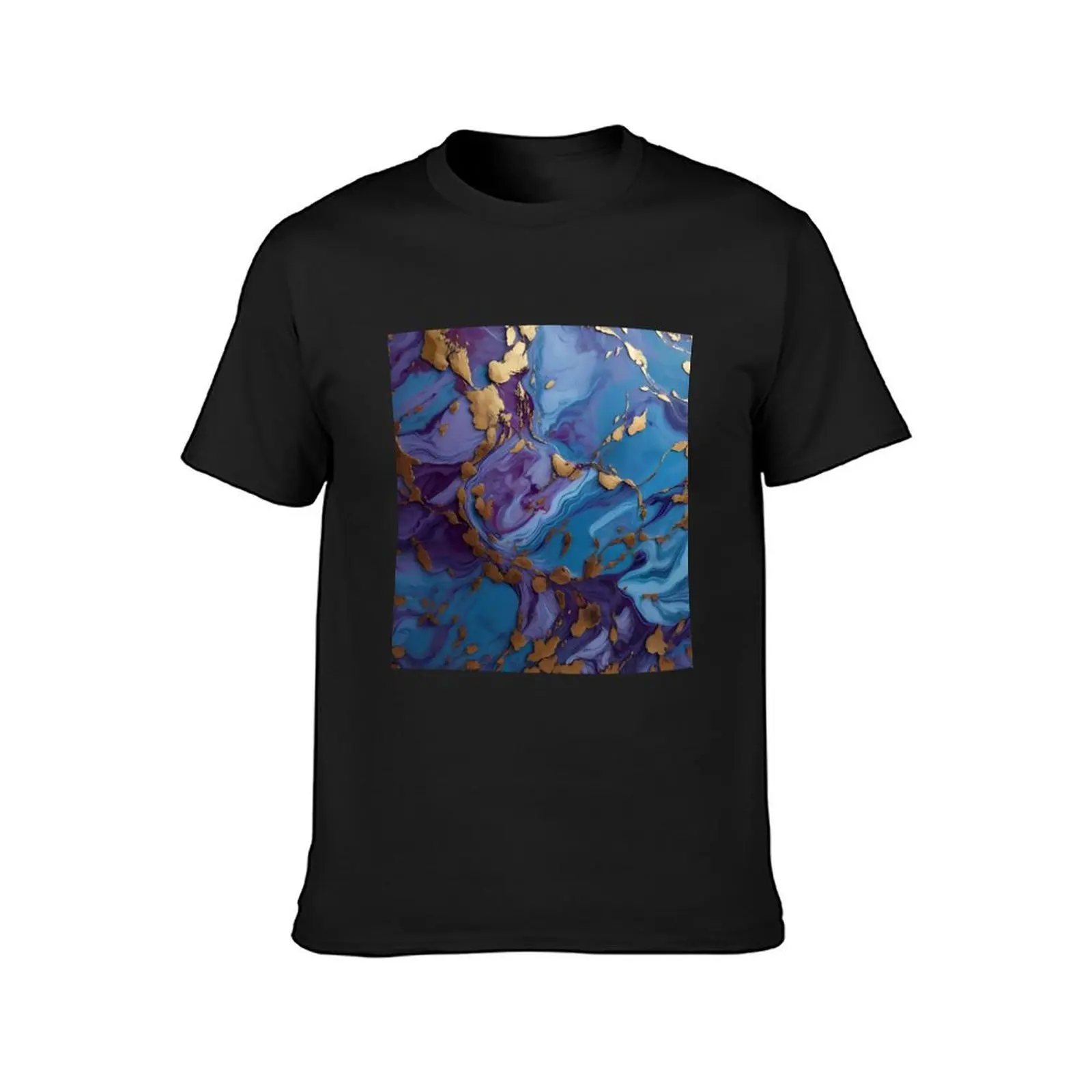 Violet Blue Gold Marble abstract fluid Paint pattern T-Shirt anime korean fashion Men's clothing