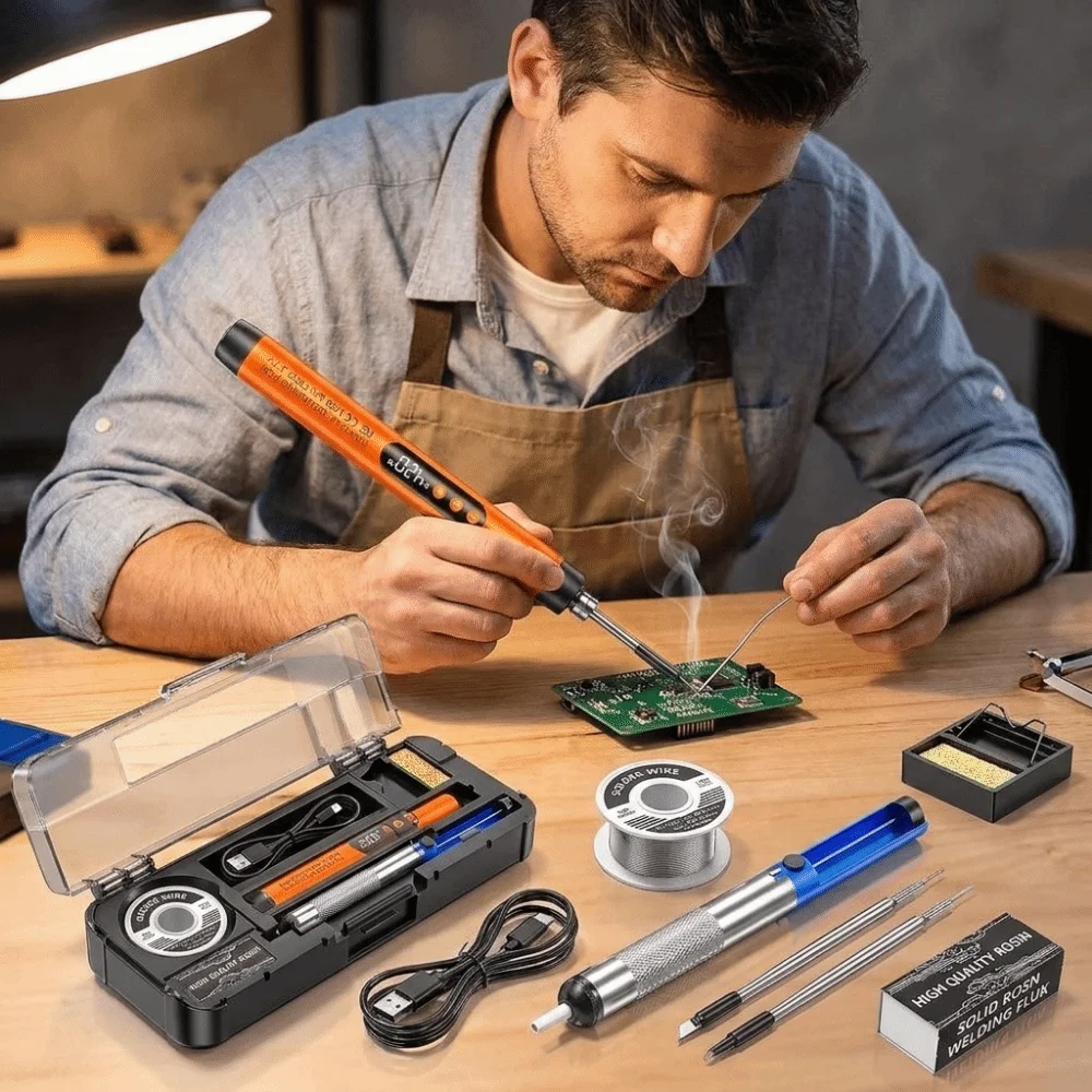 USB Rechargeable Electric Soldering Iron Set Adjustable Temperature LCD Display Cordless Soldering Pen Set Digital Display