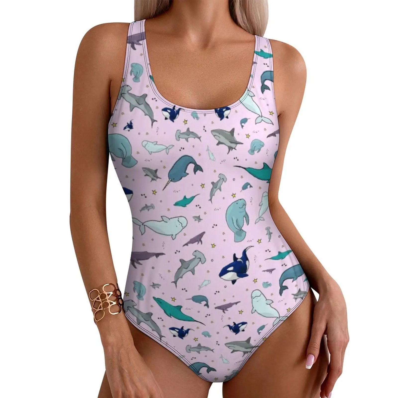Funky Shark Swimsuit Sexy Cute Ocean Life Pattern Female Swimwear One-Piece Fashion Bodysuit Fitness Push Up Backless Beach Wear