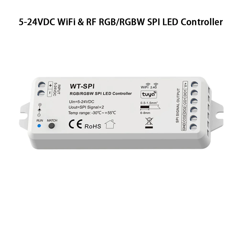 WiFi & RF RGB/RGBW SPI LED Controller DC5-24V WS2811 WS2812B SK6812 LED Light RF27Keys Remote Control Tuya App for Alexa Google