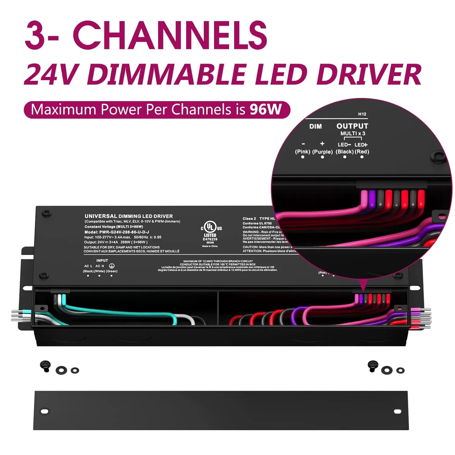 LED Driver, 24V 5-in-1 Dimmable Power Supply,3-Channels AC to DC Transformer for LED Light, Compatible