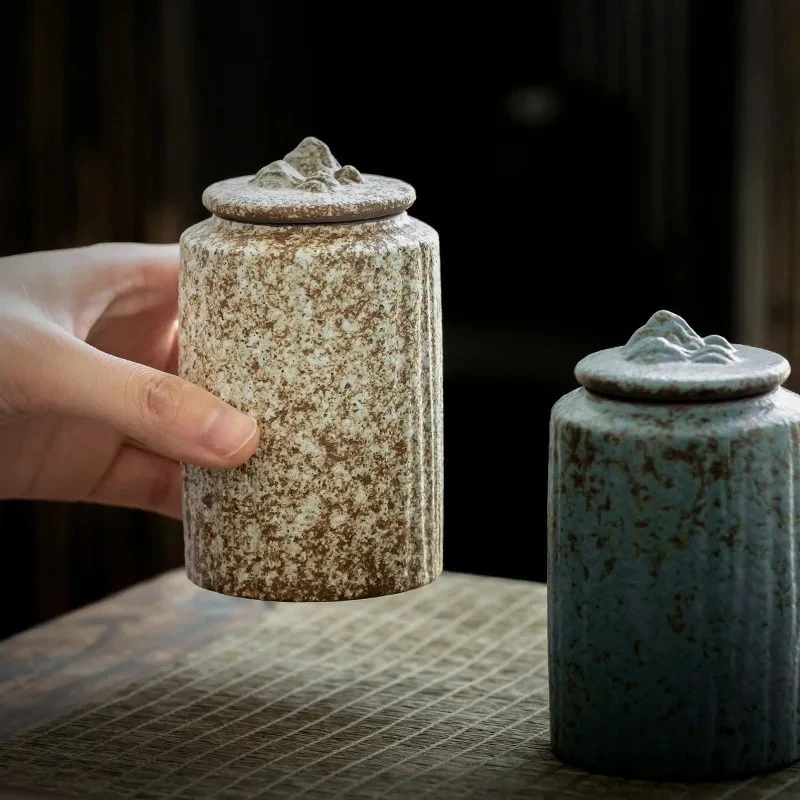 Rough Pottery Antique Tea Jar Ceramic Tea Caddy Moisture-proof Sealed Jar Storage Tank Teas Container Food Organizers Candy Jars