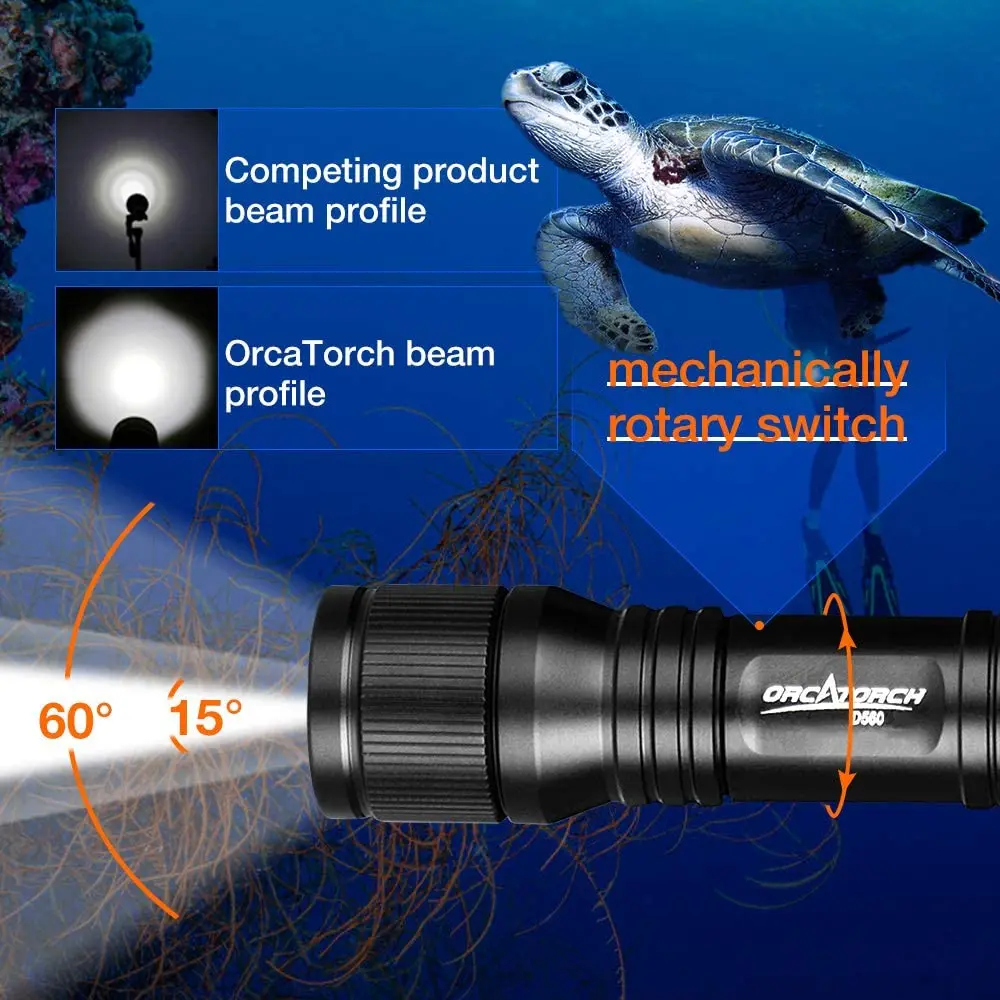 ORCATORCH D560 Scuba Diving Submersible Flashlight Mini Torch Underwater Lantern Professional LED Dive Flashlight without Mask