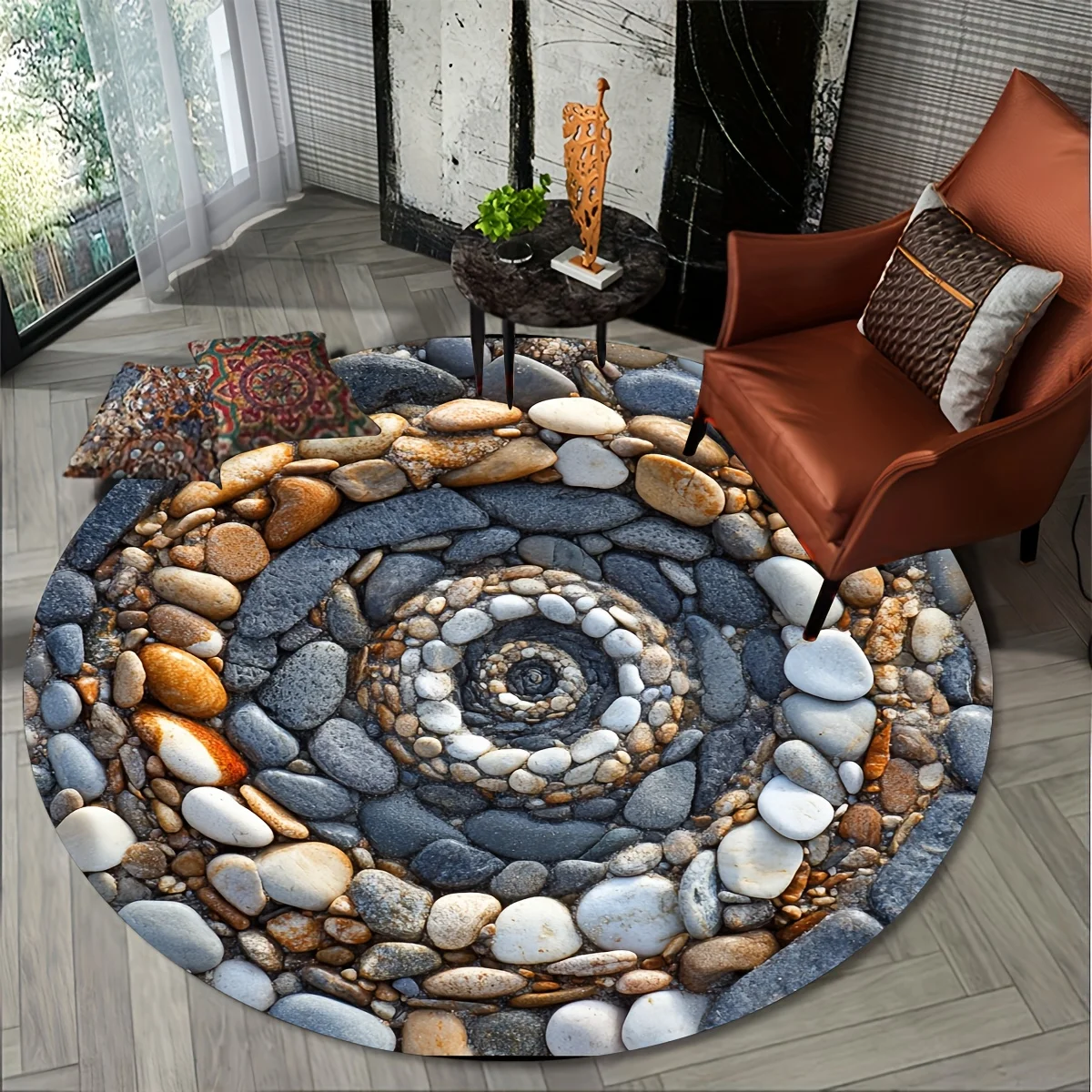 Small Spiral Pebble Round Mat – Machine Washable Indoor Rug for Living Room, Bedroom & Office Decor