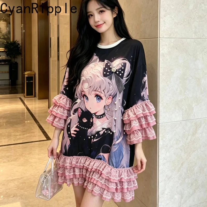 Japanese 2D Cartoon Printed Loose Short Sleeve T-shirt Women New Summer Subculture Elegant Lace Splicing Mid-long Tees Dress
