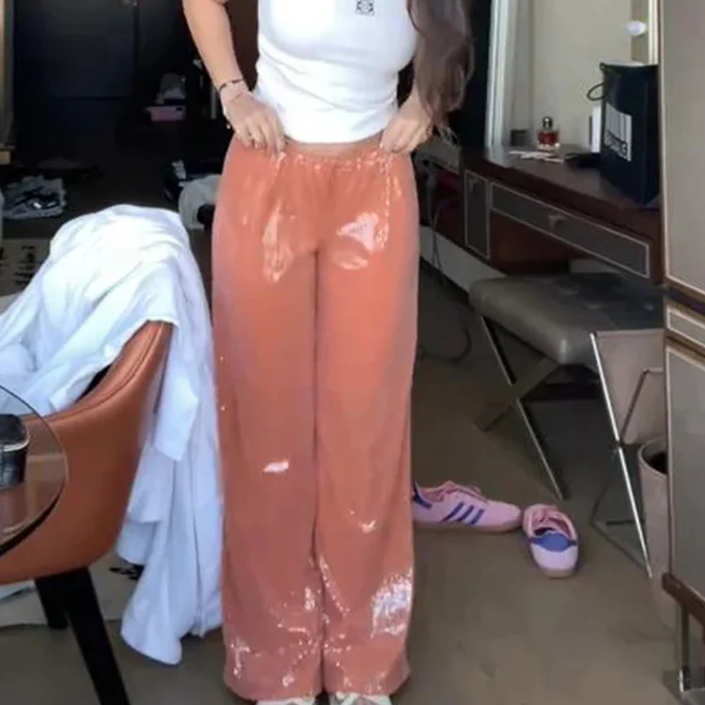 Women y2k Vintage Street Sequins Drawstring Pants Elastic Low Waist Wide Leg Trousers Lady Shiny Pants Rave Party Club 2025