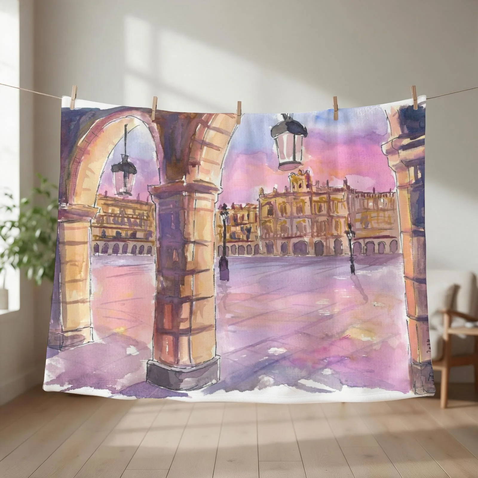 Salamanca Arcade View of Plaza Mayor at Dawn Throw Blanket couch cozy soft plush fuzzy picnic outdoor blanket