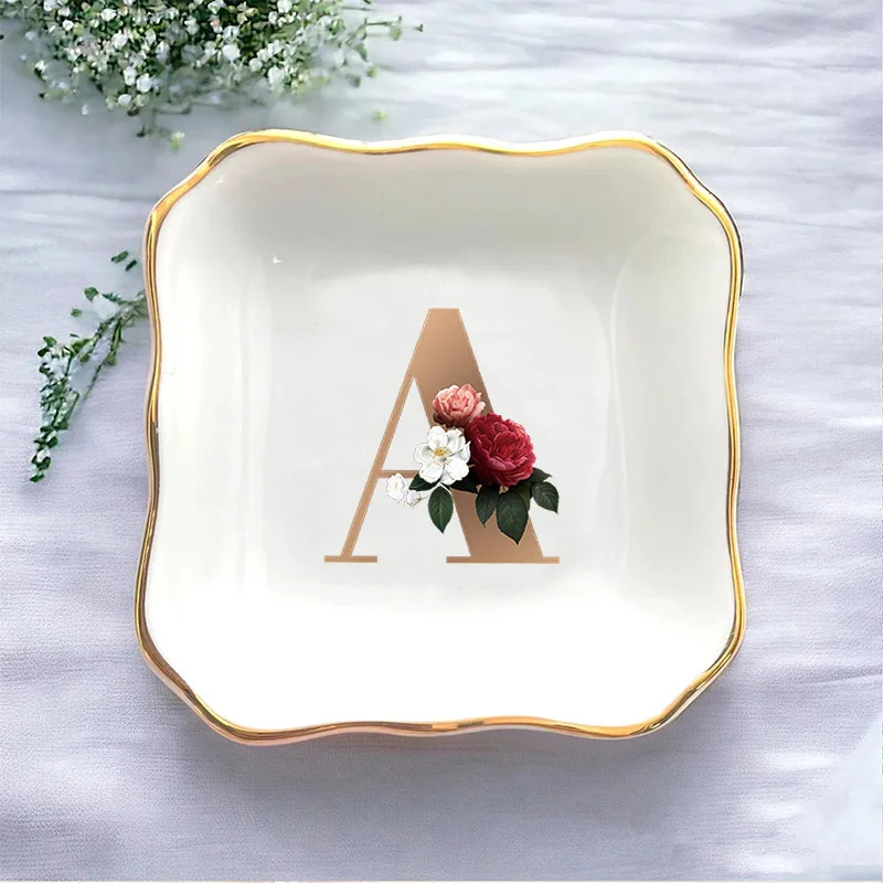 Placa cuadrada de porcelana con borde de oro blanco, letras de flores, A-Z, Cerc, microondas, Se, fruta coreana, desayuno, plato chino Sle Di