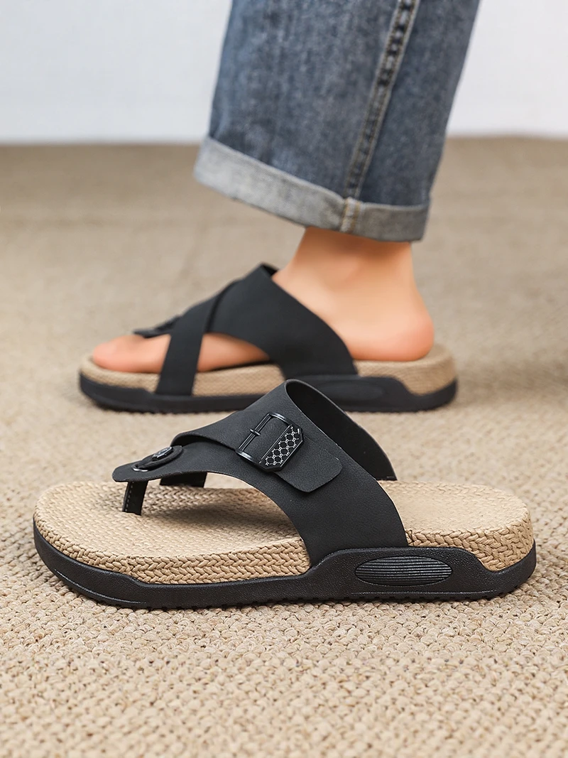 

Summer Men's Thong Slippers Beachwear Anti-slip Soft Bottom Casual Birkenschrödinger Woven Sandals Coastal Beach Shoes