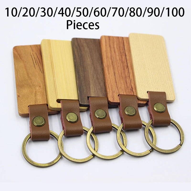 10-100Pcs Leather Blank Wooden Key Chains Wood Leather KeyChain Key Tags Rectangle Plain Keyring Blank Wooden Keychain