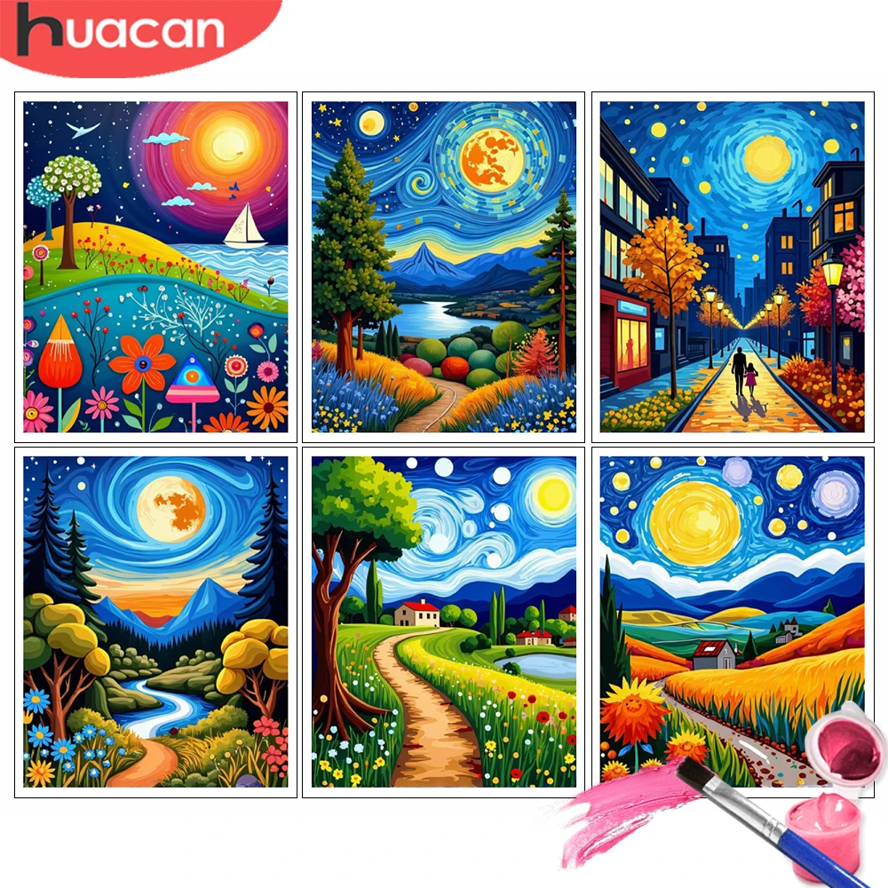 Kits de pintura por números, paisaje inspirado en Van Gogh, casa, cielo, bricolaje, pintura al óleo Digital, paisaje para colorear, pintura artesanal